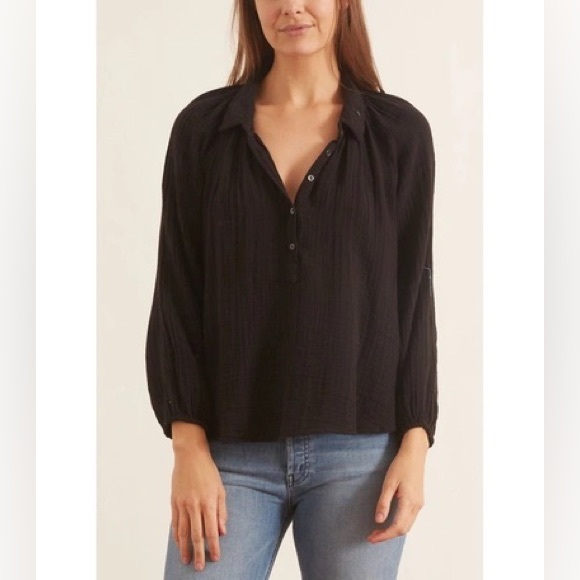 XiRENA Tops Xirena Ames Henley Gauze Top In Black Xs Poshmark